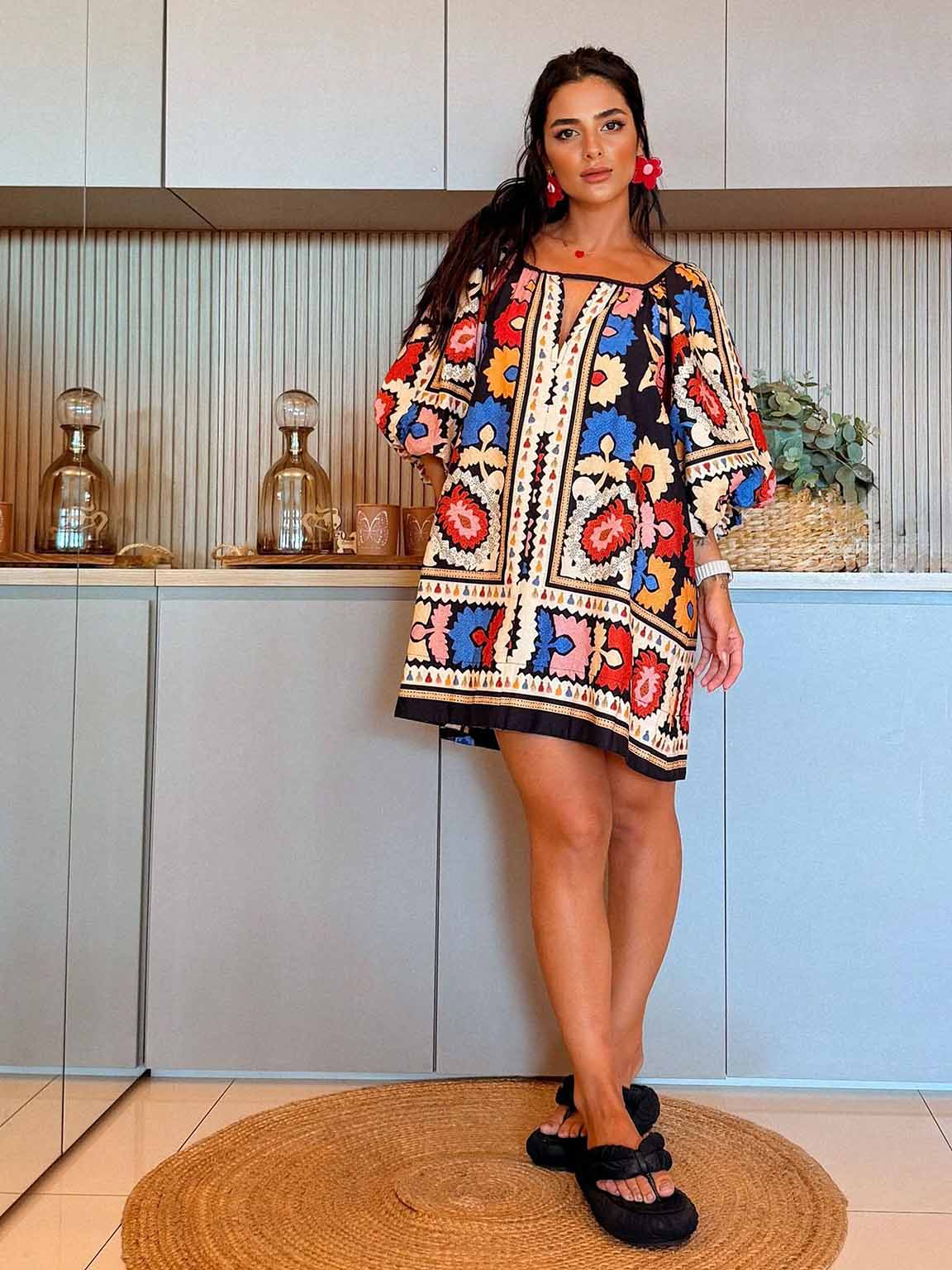 Bohemian Style Ethnic Print Short-sleeved Mini Dress