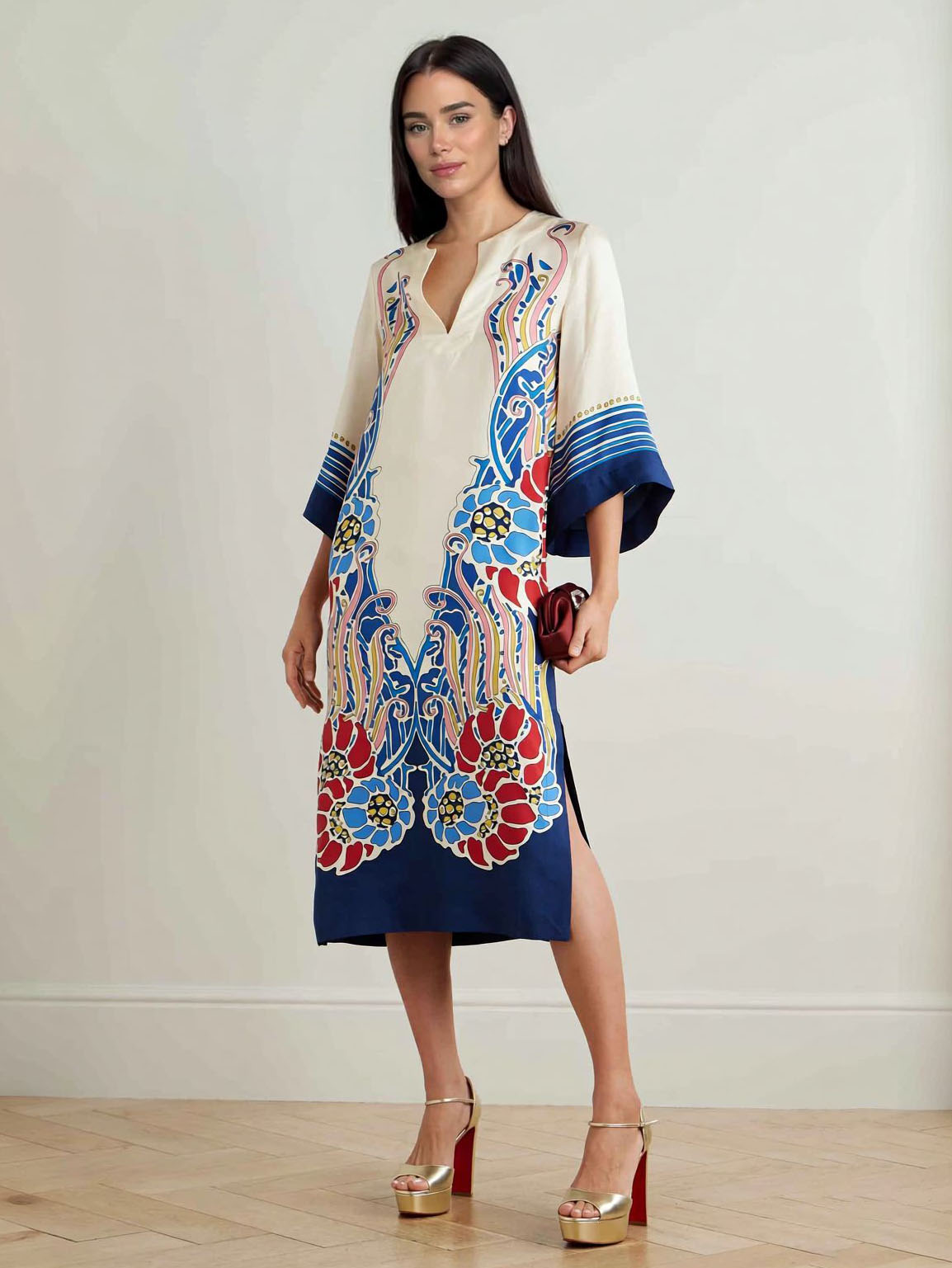 Exquisite Satin Floral Print Midi Dress