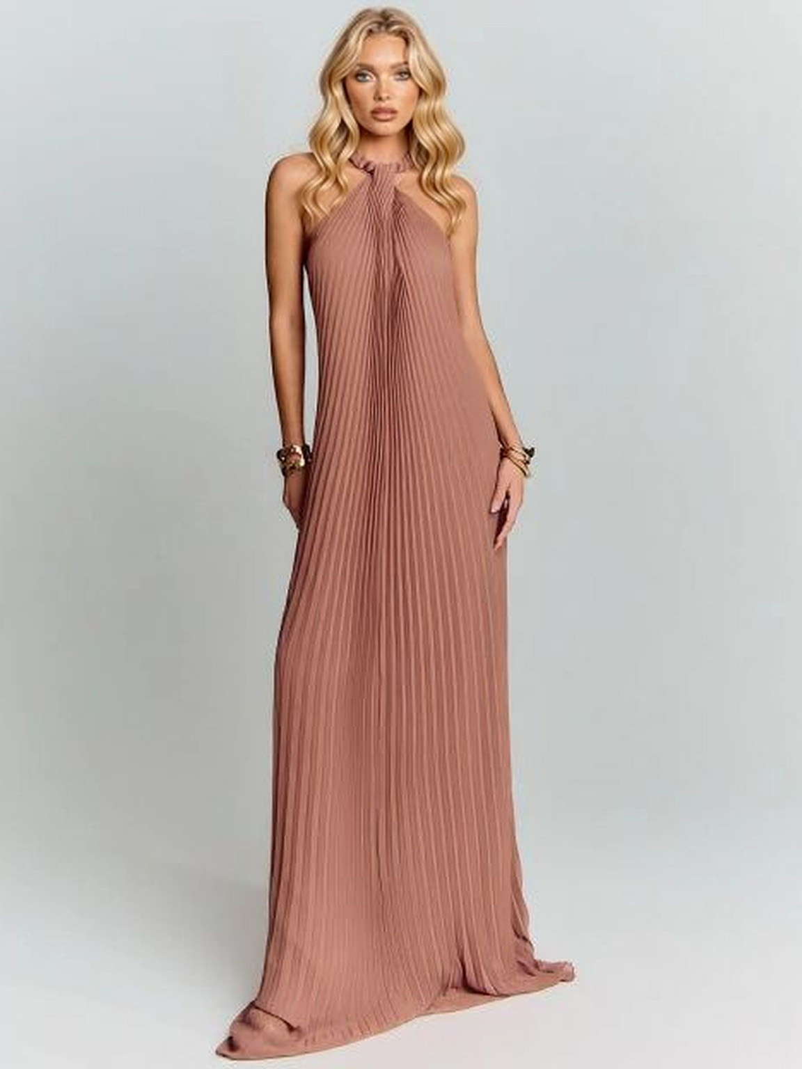 Elegant Pleated Halter Neck Maxi Dress