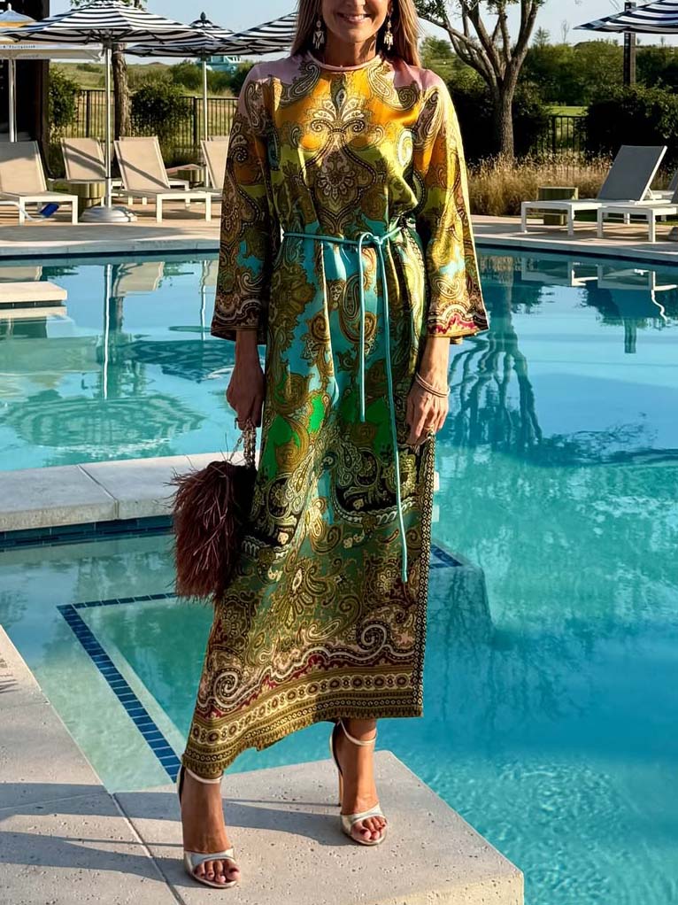 Unique Paisley Print Long Sleeve Maxi Dress