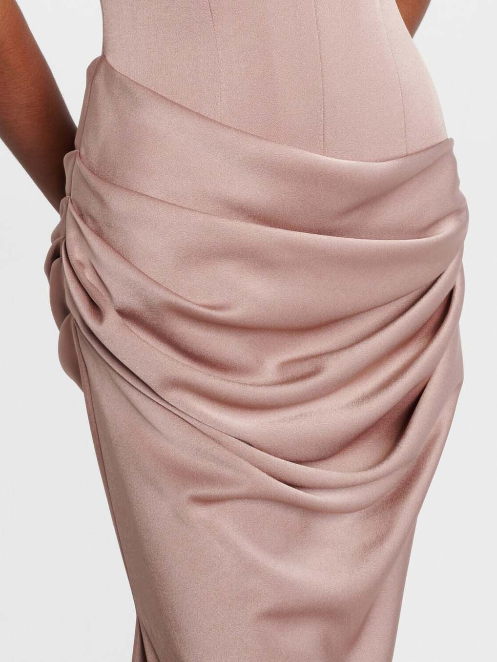 Elegant Strapless Corset Draped Satin Maxi Dress