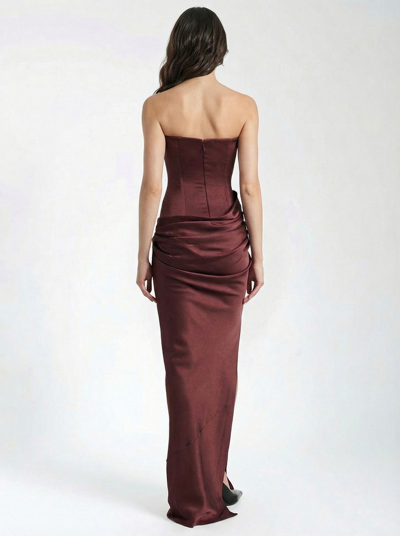 Elegant Strapless Corset Draped Satin Maxi Dress