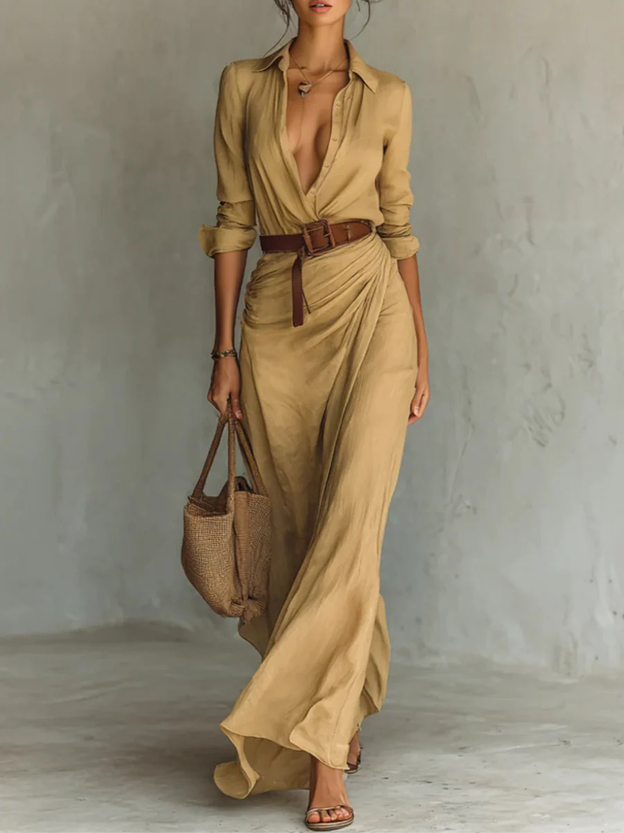 Elegant V-neck Pleated Waist Slit Maxi Dress