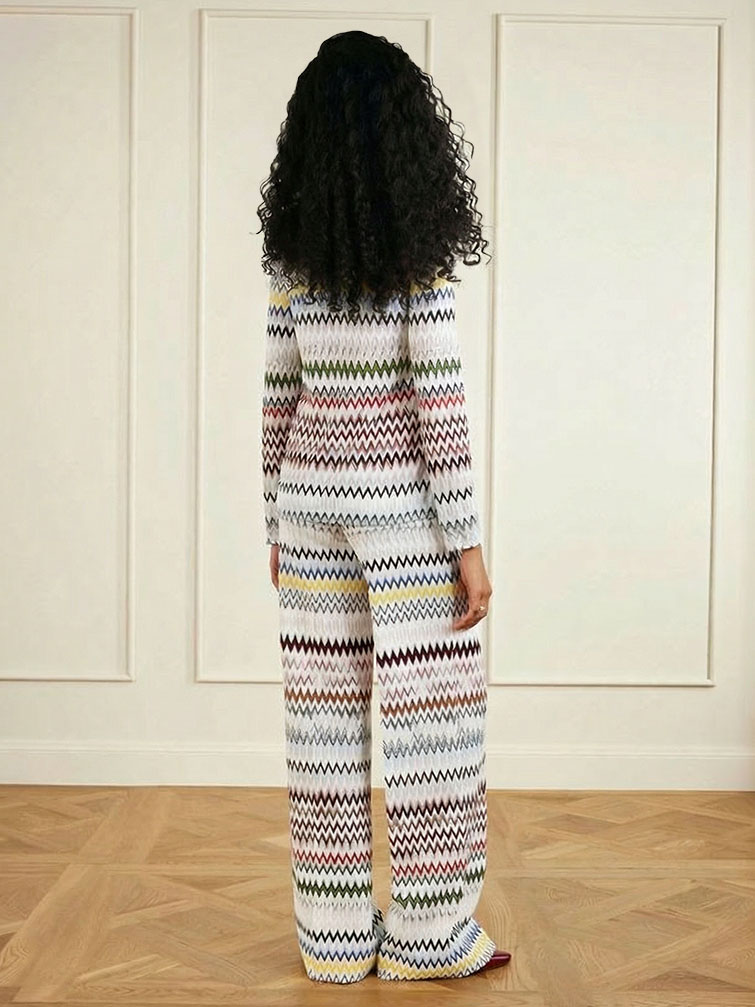 Geometric Zigzag Print Long-Sleeve Top & Wide-Leg Pants Two-Piece Set