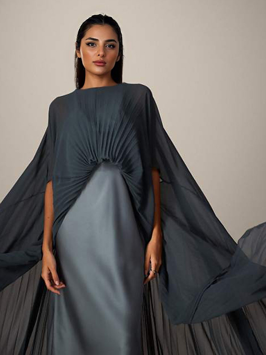 Pleated Shawl Detail Satin Maxi Dress