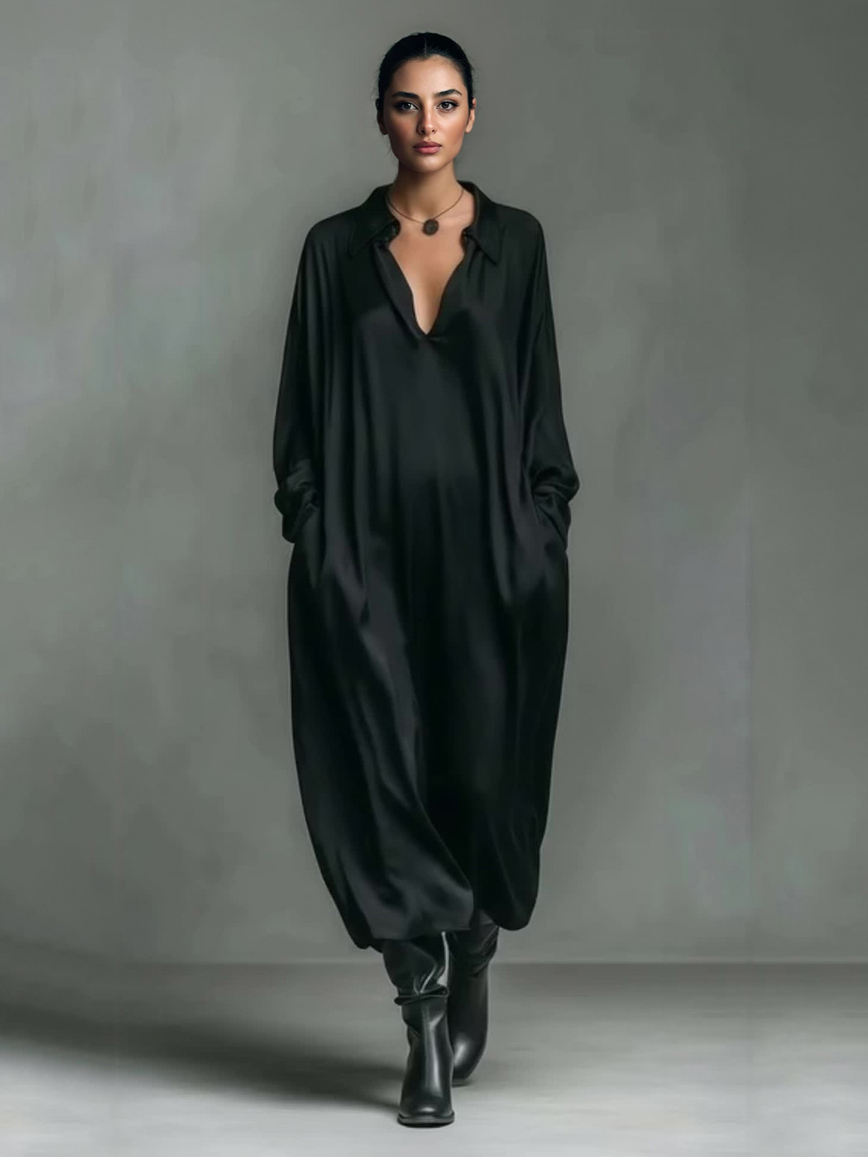Elegant Satin Low-Cut Shirt Maxi Dress