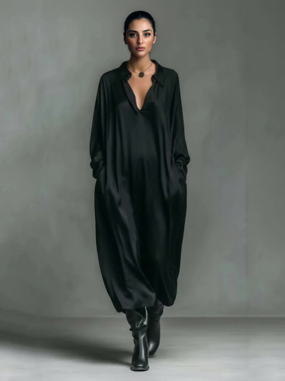 Elegant Satin Low-Cut Shirt Maxi Dress