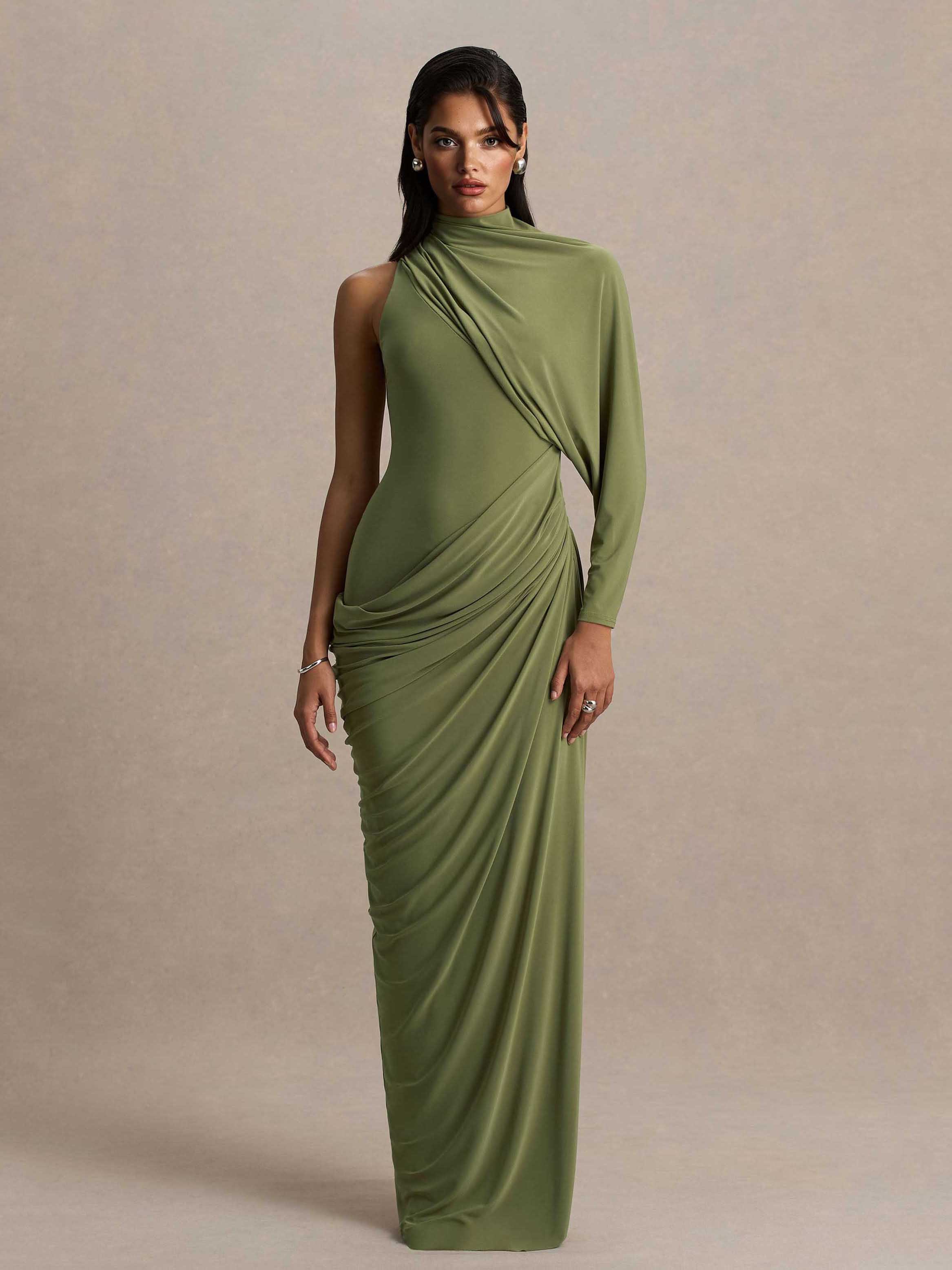 Elegant Asymmetrical One-Sleeve Draped Maxi Dress
