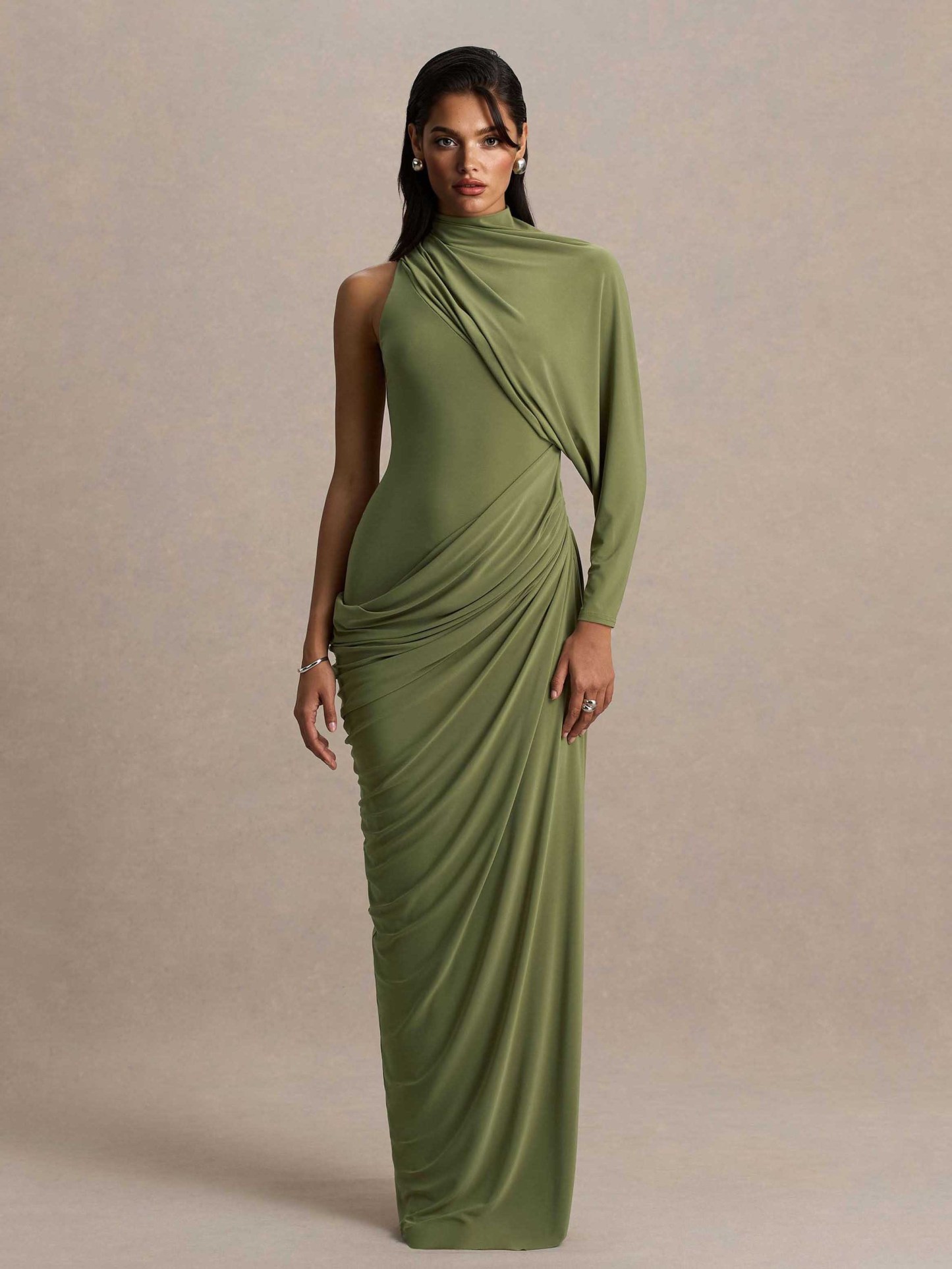 Elegant Asymmetrical One-Sleeve Draped Maxi Dress