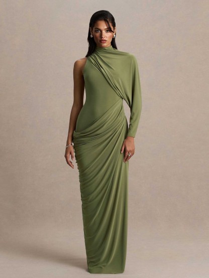 Elegant Asymmetrical One-Sleeve Draped Maxi Dress