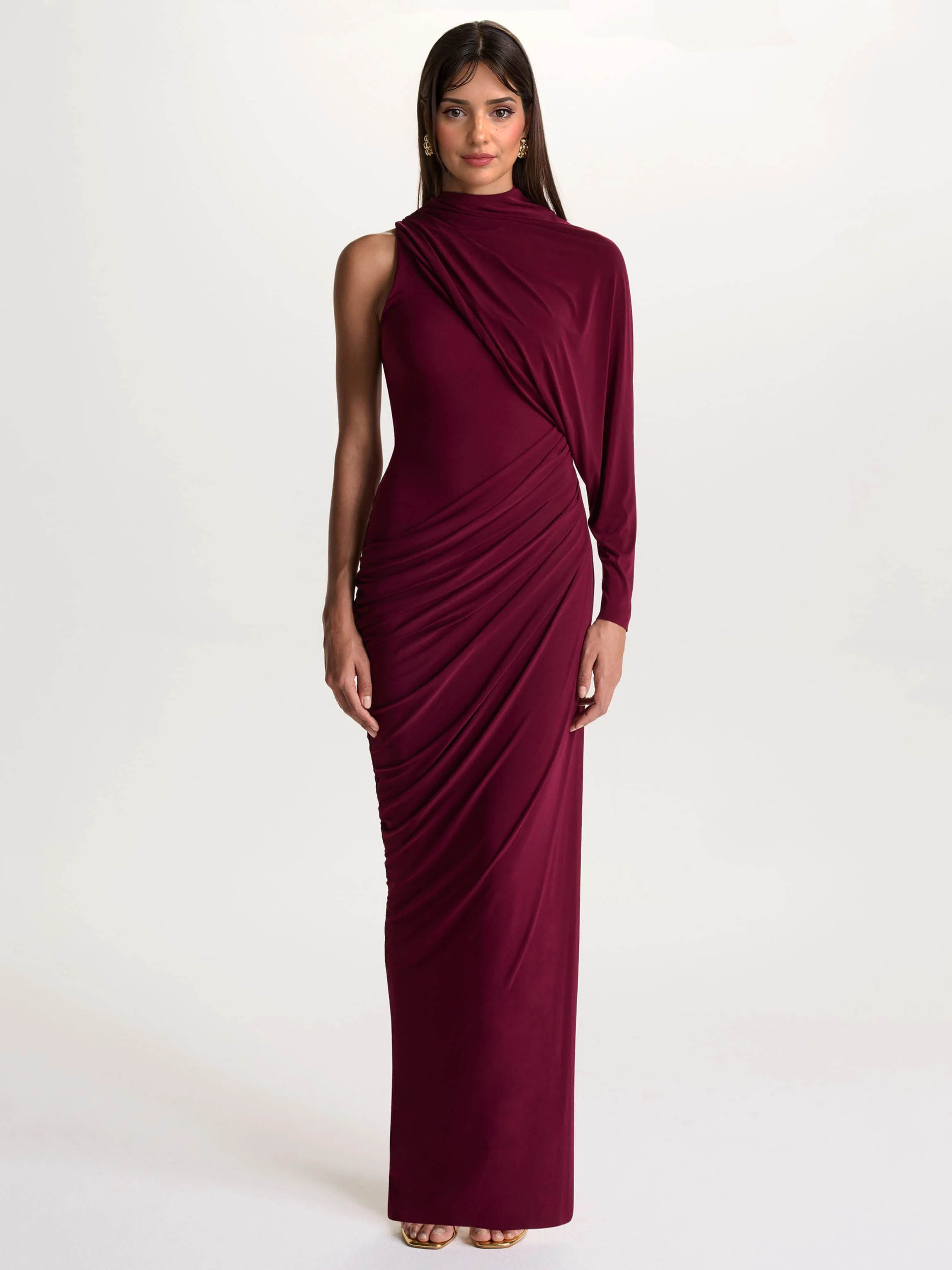 Elegant Asymmetrical One-Sleeve Draped Maxi Dress