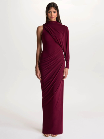 Elegant Asymmetrical One-Sleeve Draped Maxi Dress