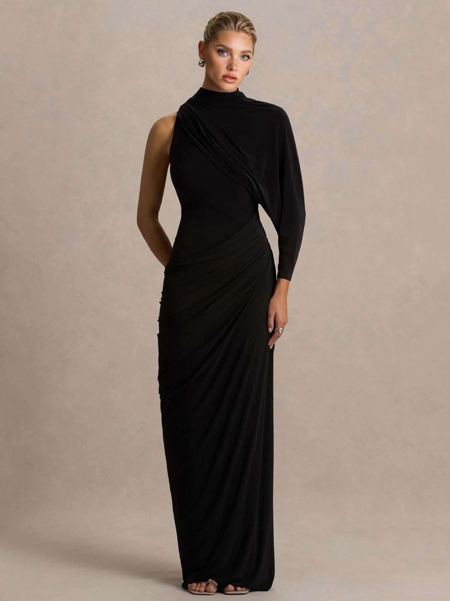 Elegant Asymmetrical One-Sleeve Draped Maxi Dress