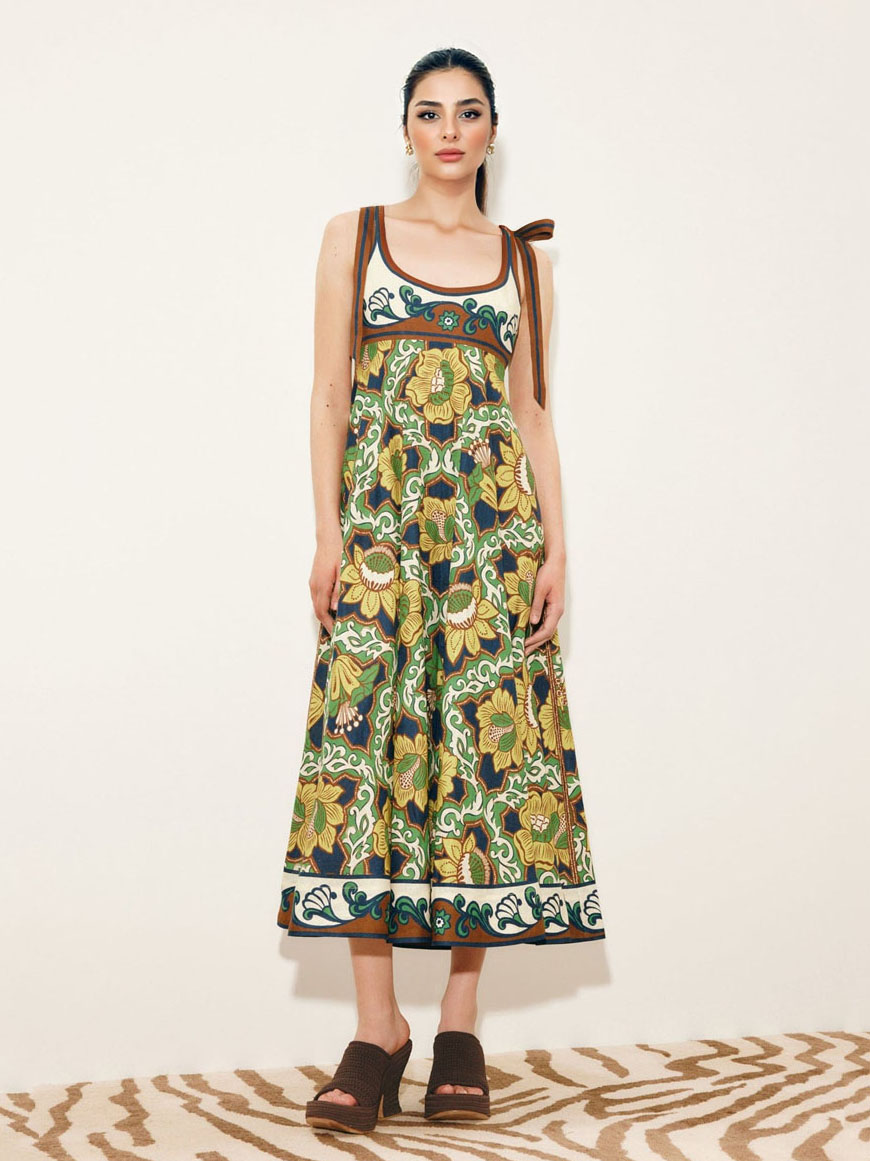 Retro Print Sleeveless Tie-Waist Midi Dress