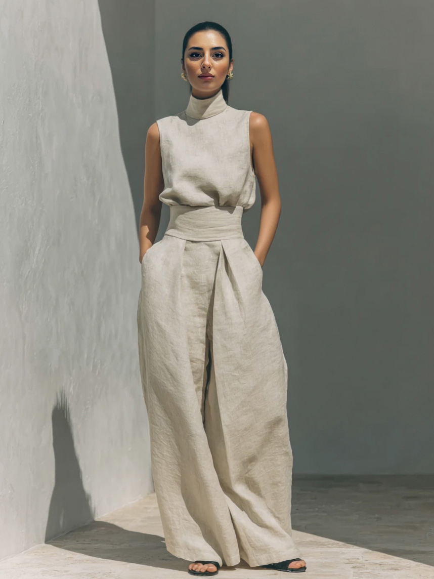 Elegant Linen High-Neck Top & Wide-Leg Pants Two-Piece Set