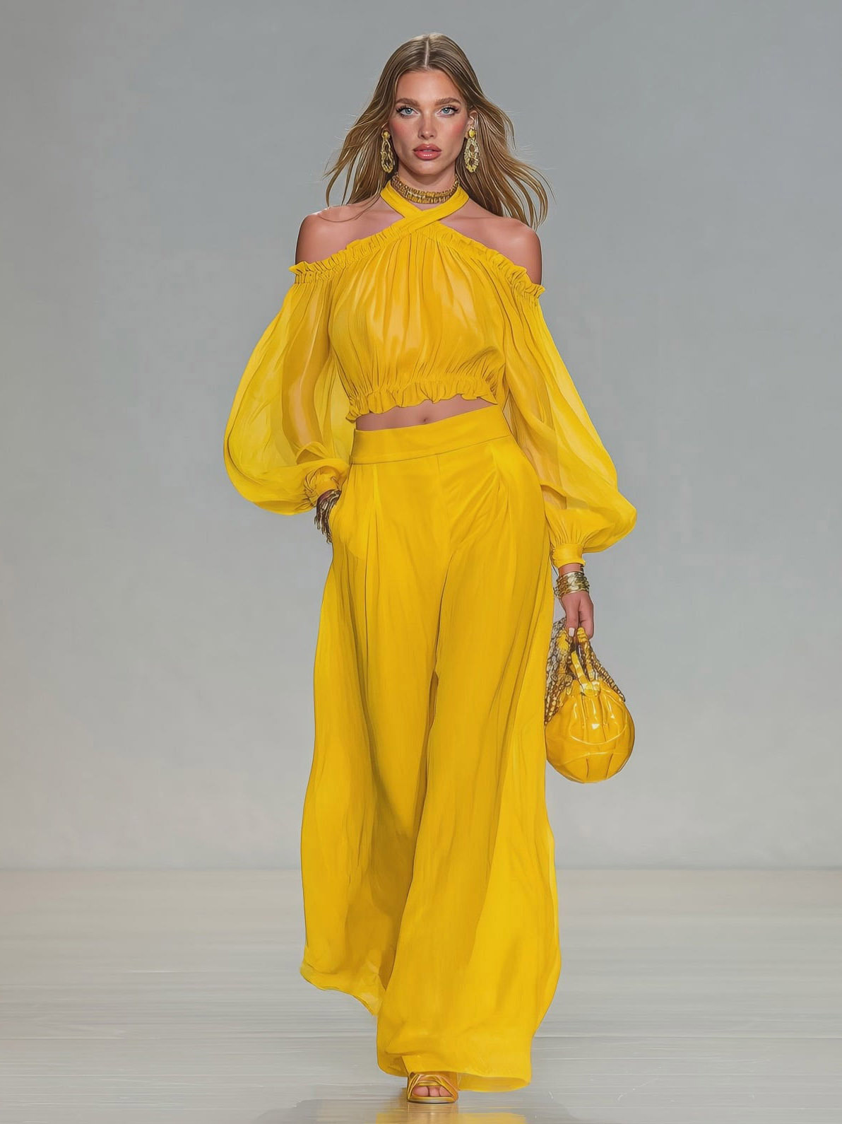 Elegant Off-Shoulder Top & Wide-Leg Pants Two-Piece Set