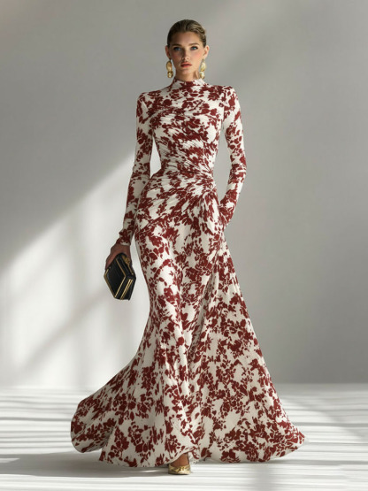 Casual Abstract Print High-Neck Pleated Mermaid Maxi Dress