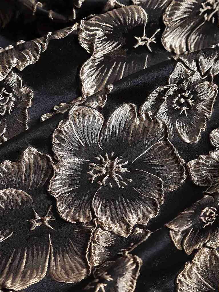 Elegant Gold Floral Jacquard Midi Dress