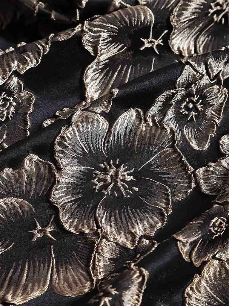 Elegant Gold Floral Jacquard Midi Dress