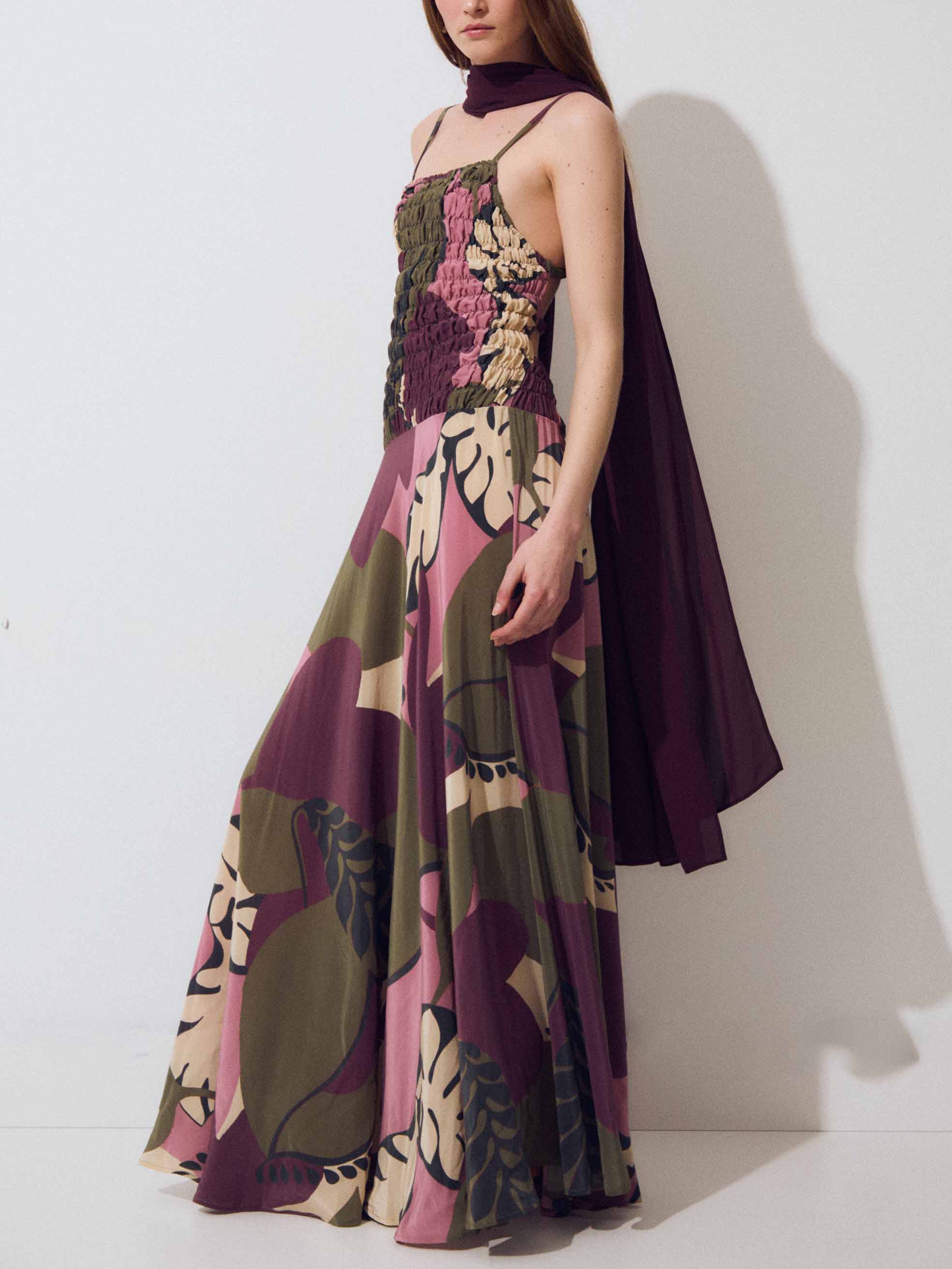 Smocked Bodice Tropical Leaf Print Spaghetti Strap Maxi Dress