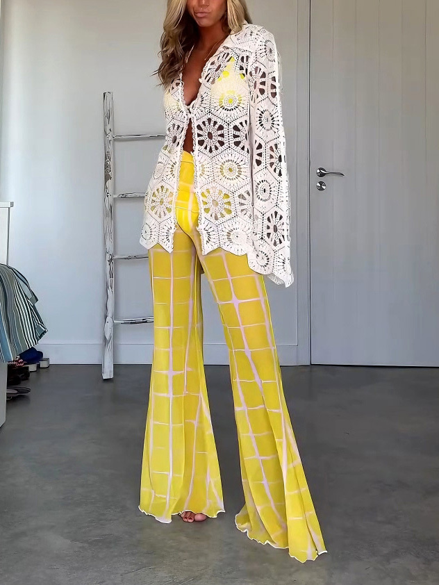 Casual Mesh Plaid Print Flared Pants