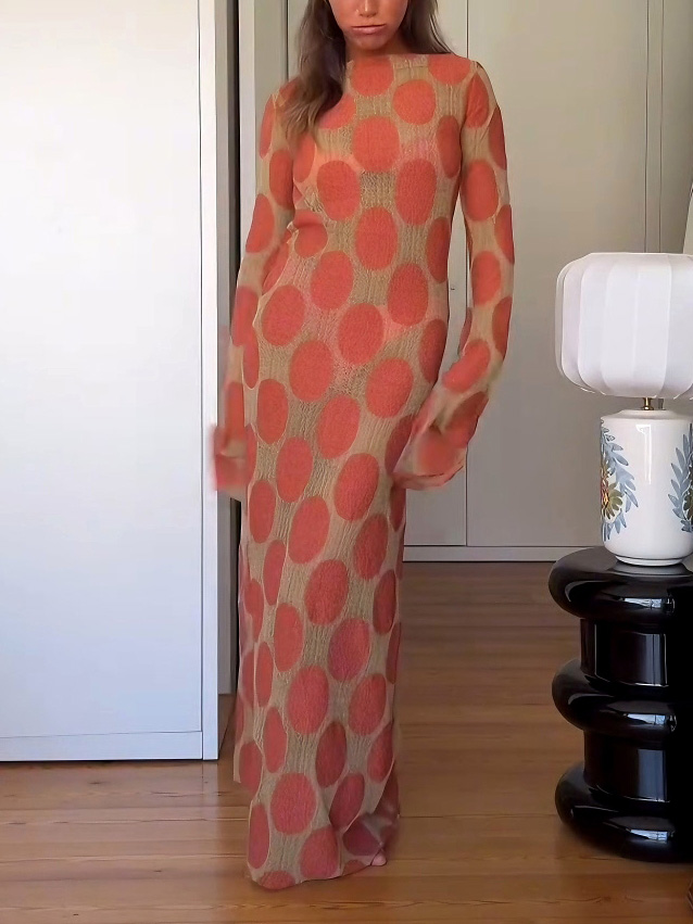 Elegant Polka Dot Print Slightly Sheer Open Back Maxi Dress