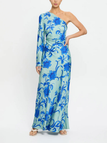 Elegant One-shoulder Floral Eye-catching Slim-fit Maxi Dress