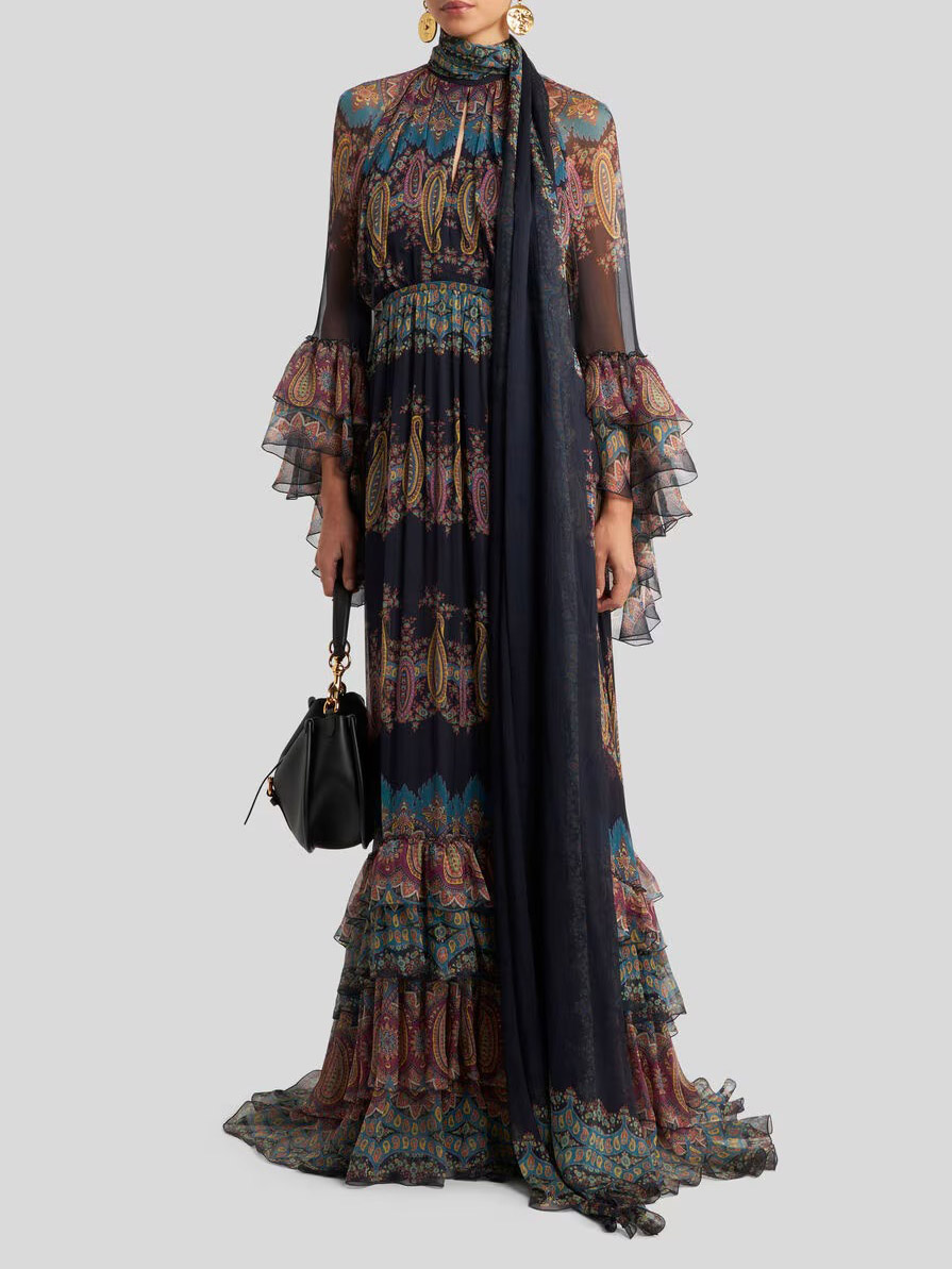 Elegant Retro Paisley Print Ruffle Tiered Maxi Dress
