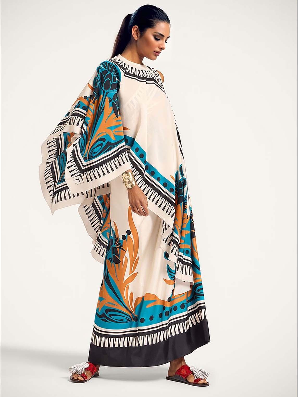 Exquisite Printed One-Shoulder Dress With Detachable Shawl Two-Piece Set