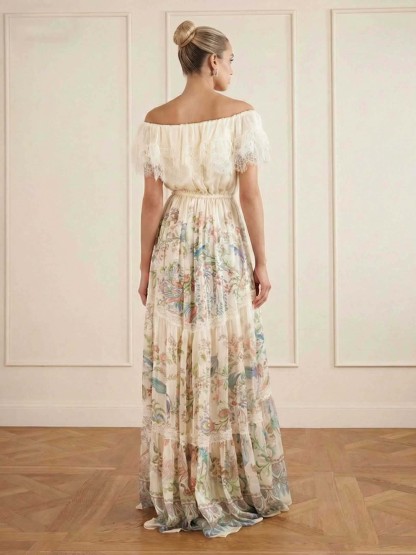Bohemian Floral Bird Print Off-Shoulder Tiered Maxi Dress