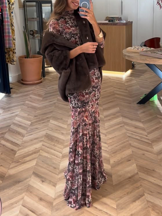 Elegant Floral Mesh Print Long-sleeved Maxi Dress