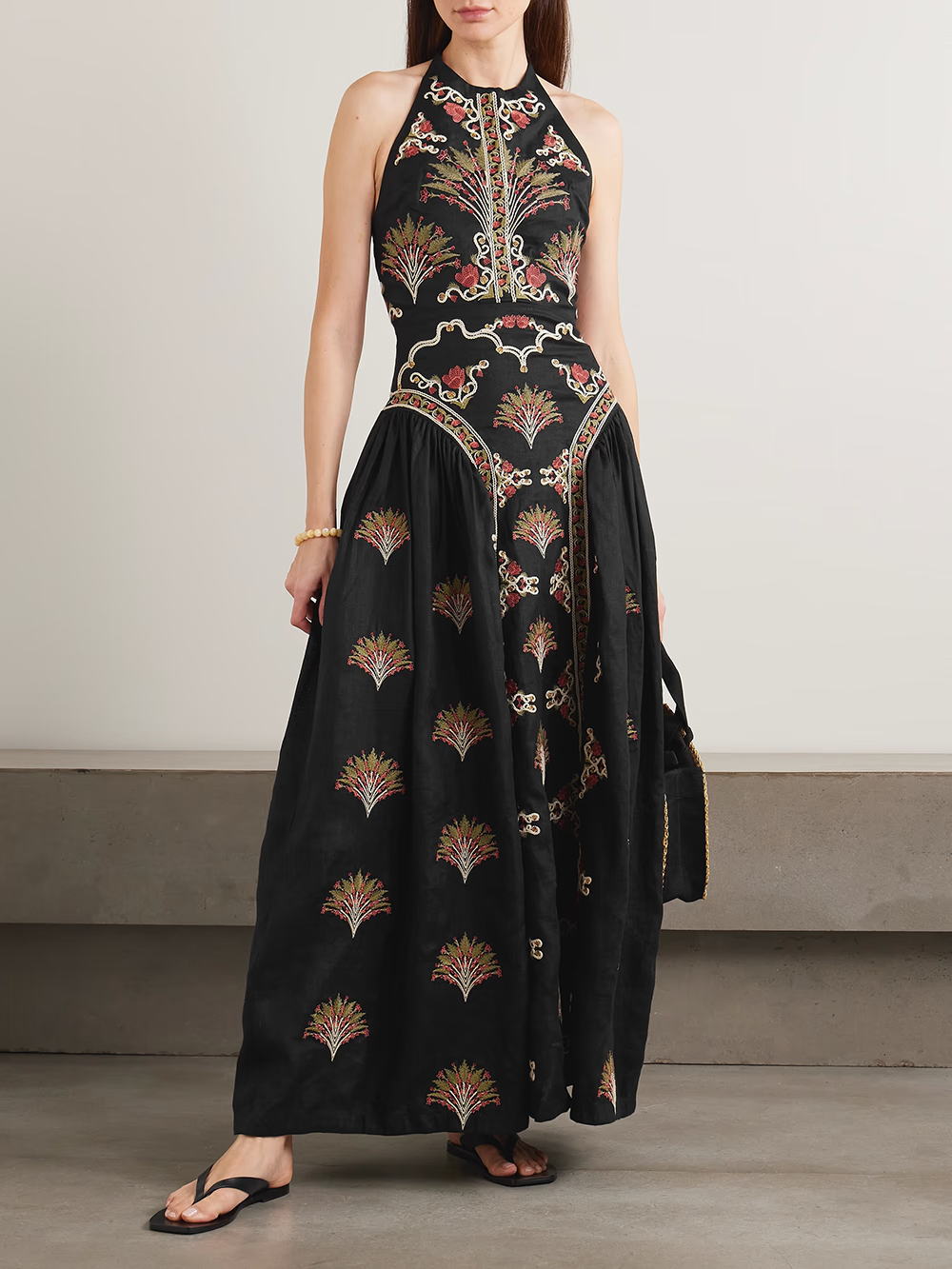 Retro Pleated Print Linen Backless Maxi Dress