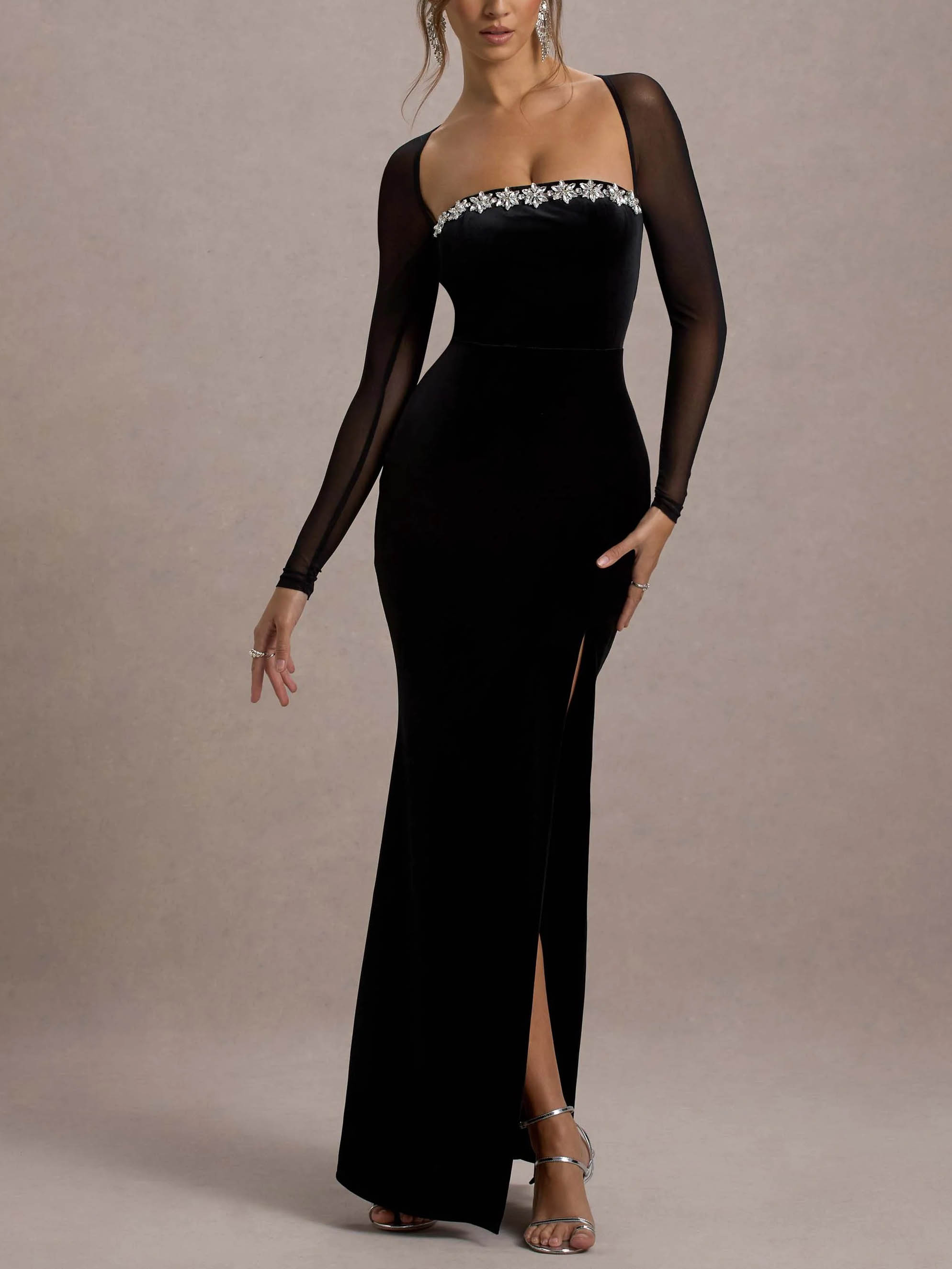 Elegant Crystal-Embellished Mesh Sleeve Maxi Dress