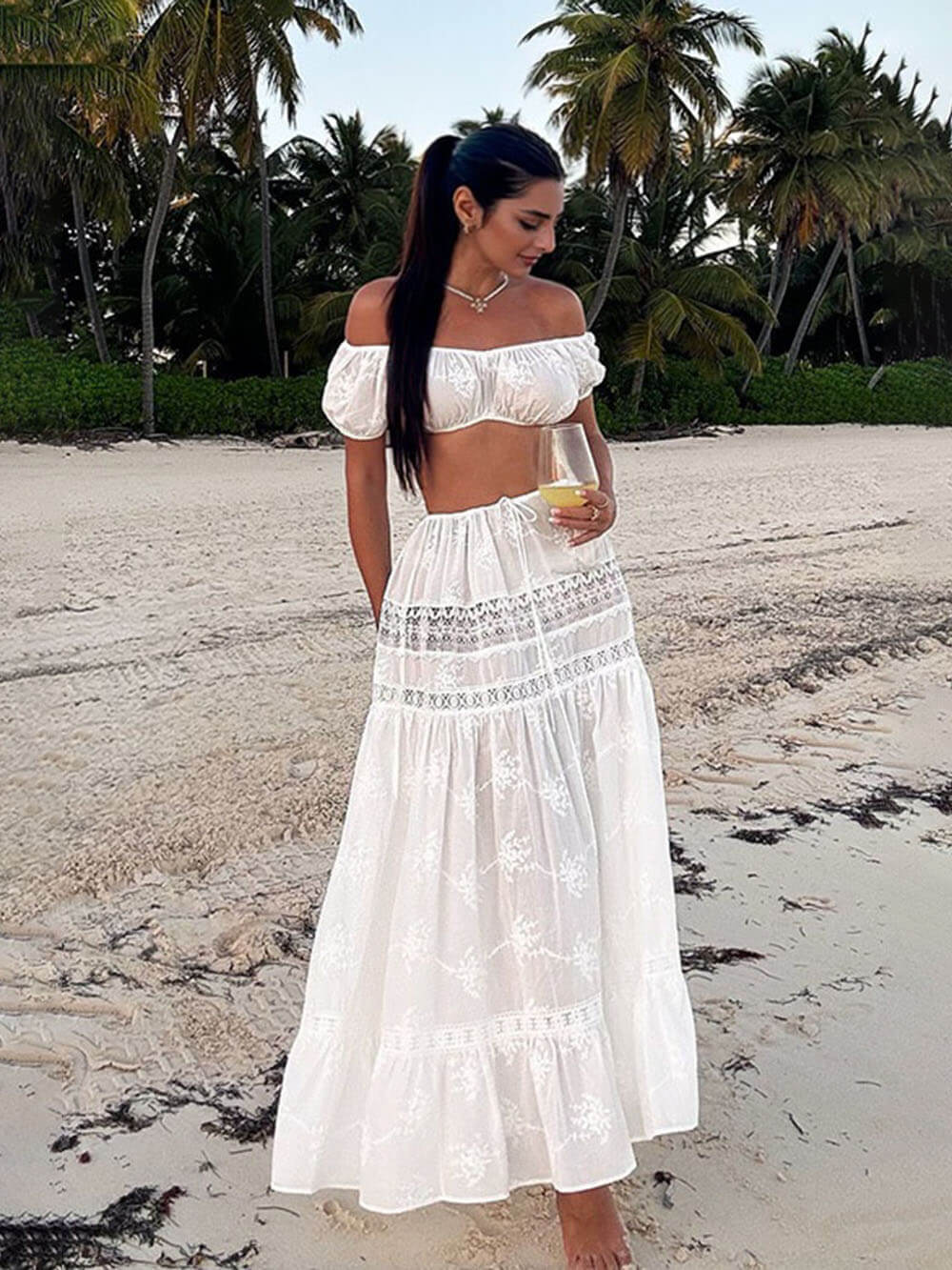 Vacation-Style Cropped Top And High-Waisted Skirt Set