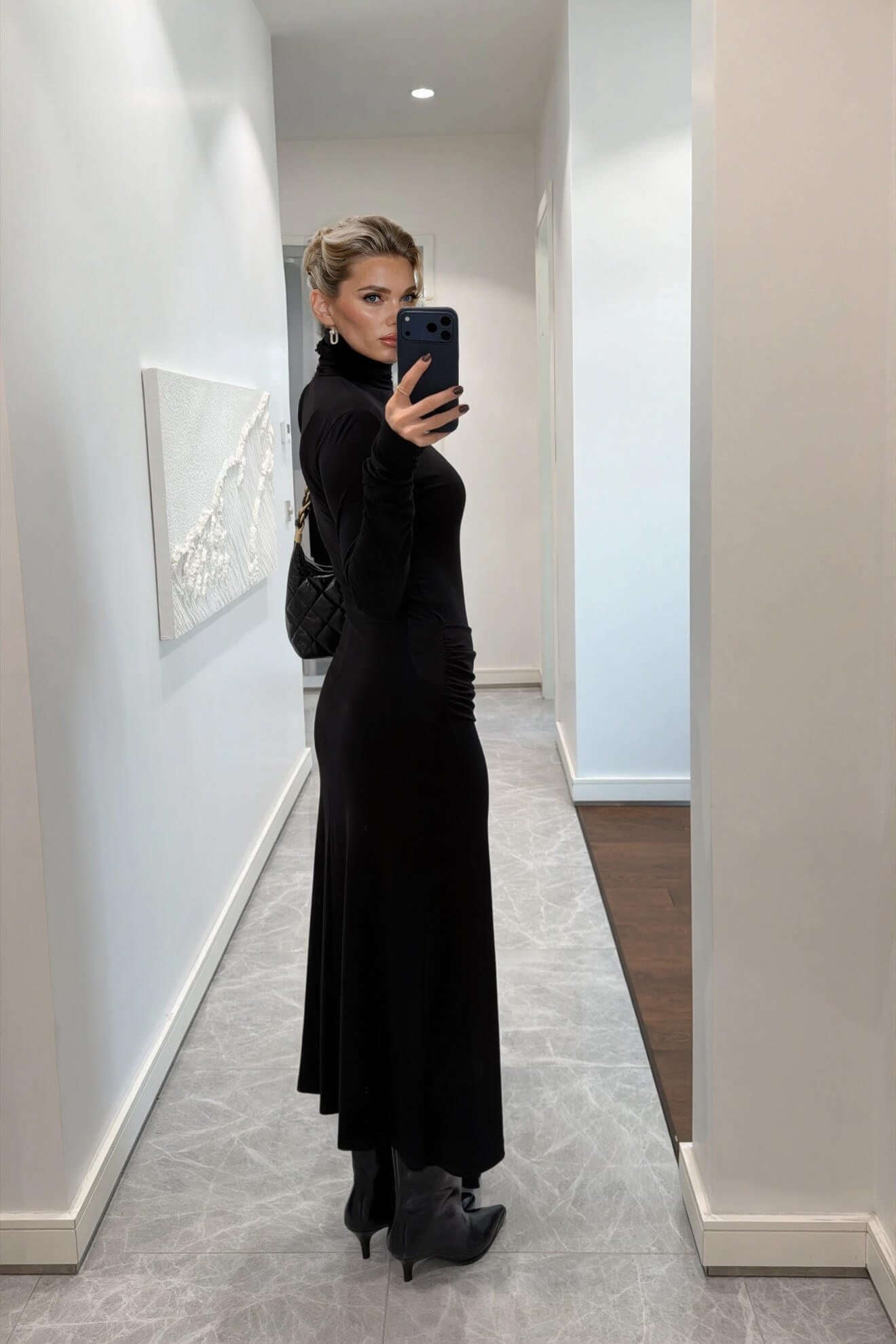 Elegant Navy Ruched Waist Slit Maxi Dress