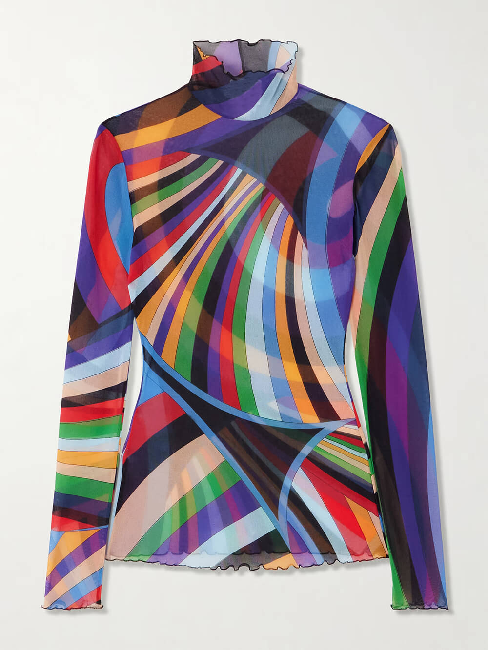 Retro Print Stretch Sheer Mesh Turtleneck Top