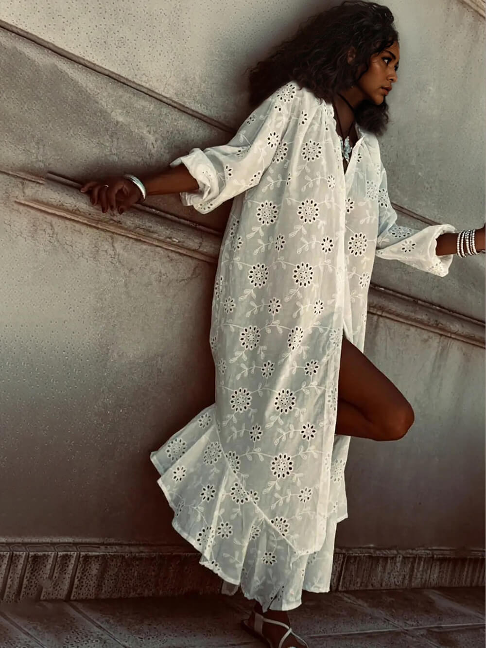 Casual Cutout Lace Crochet Ruffle Maxi Dress