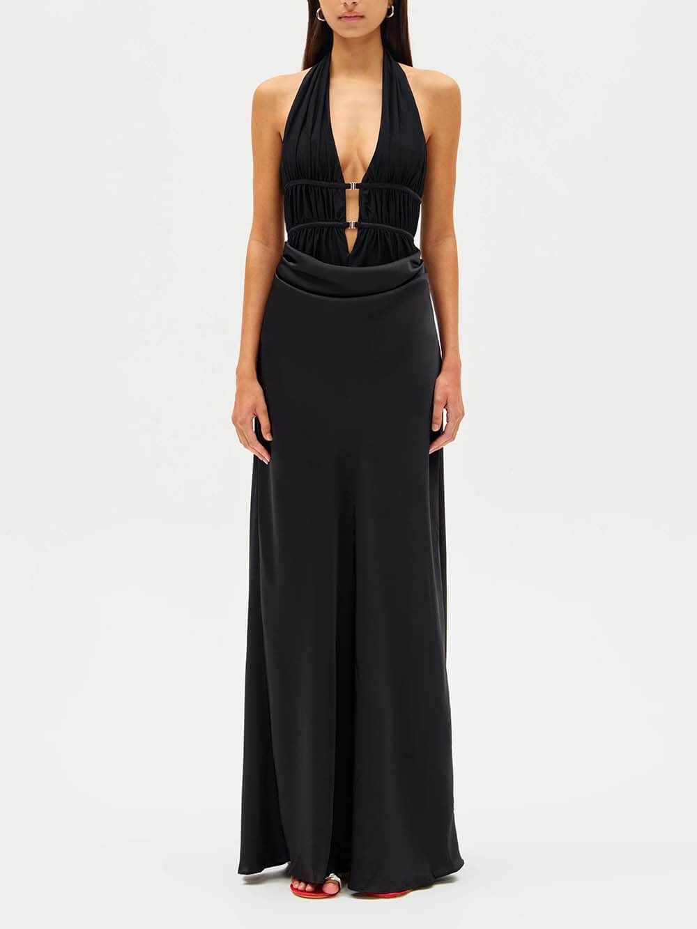 Elegant Mesh Ruched Satin Backless Maxi Dress