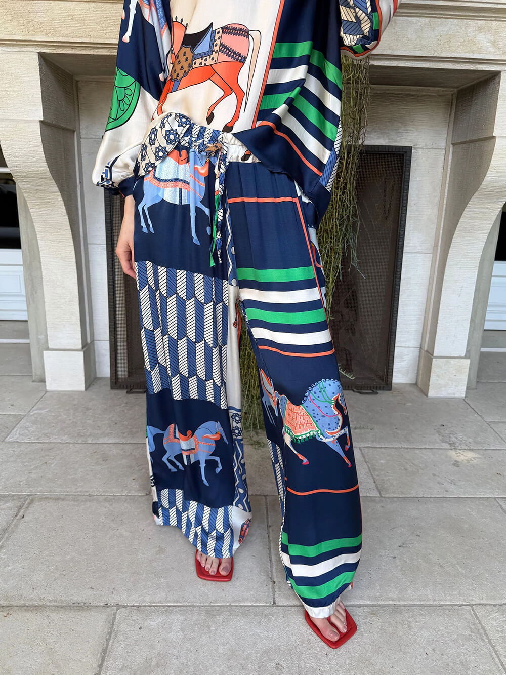 Unique Satin Horse Print Loose Shirt And Elastic Waist Wide-Leg Pants Set