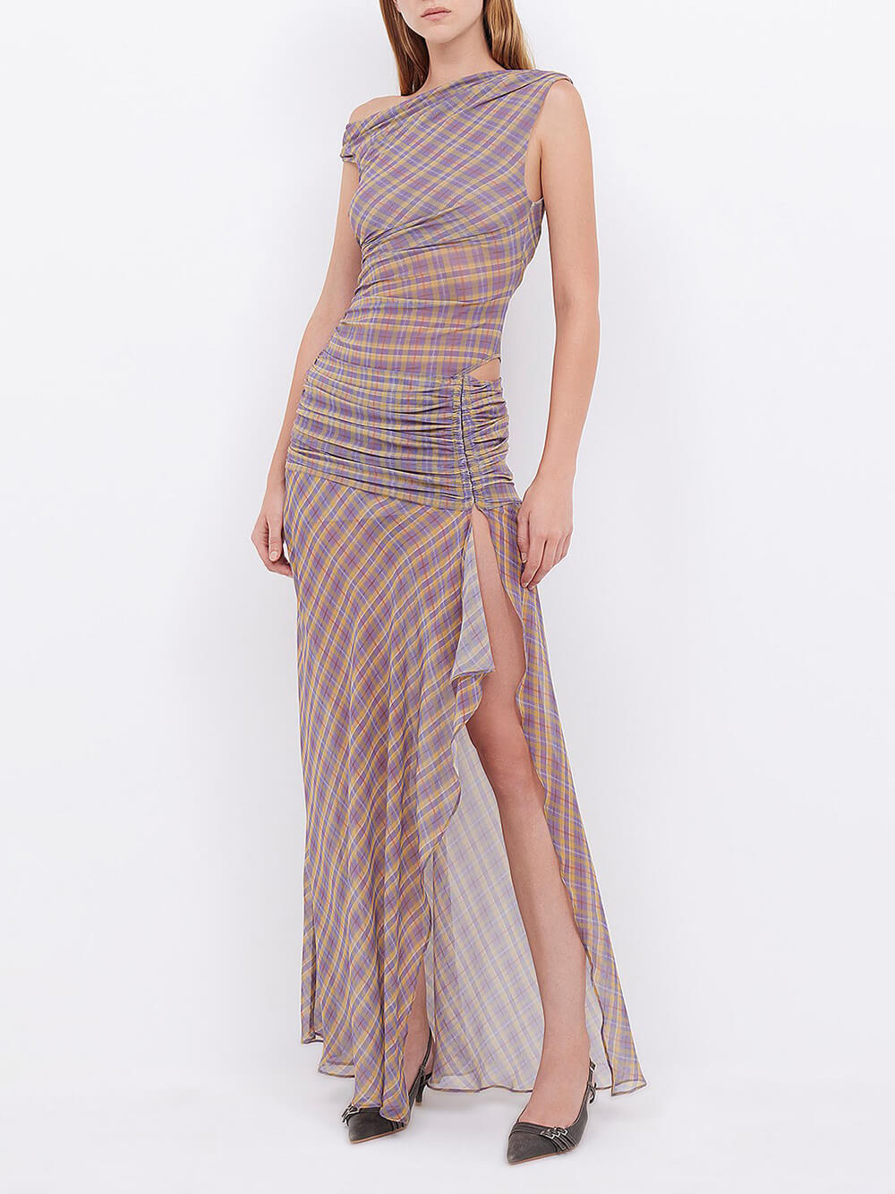 Retro Check Plaid Print Asymmetric Ruched Slit Maxi Dress