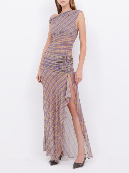Retro Check Plaid Print Asymmetric Ruched Slit Maxi Dress
