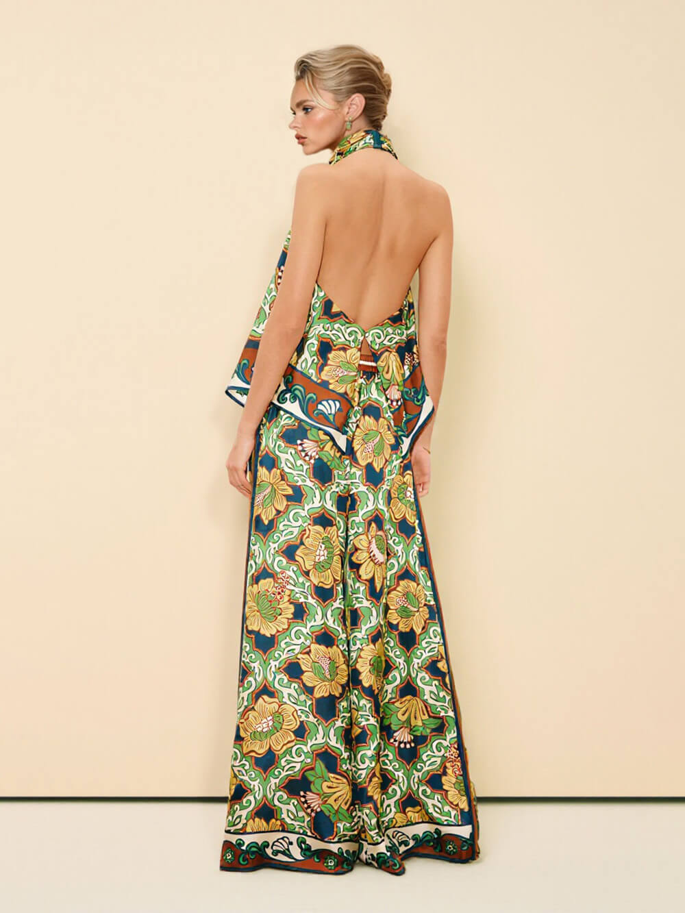Modern Satin Asymmetric Print Backless Camisole And Pocket Wide-Leg Pants Set