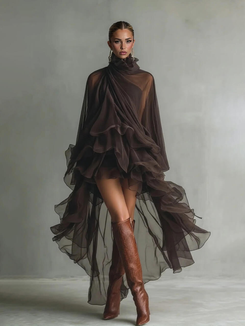 Elegant Ruffled Chiffon High-Neck Loose Midi Dress