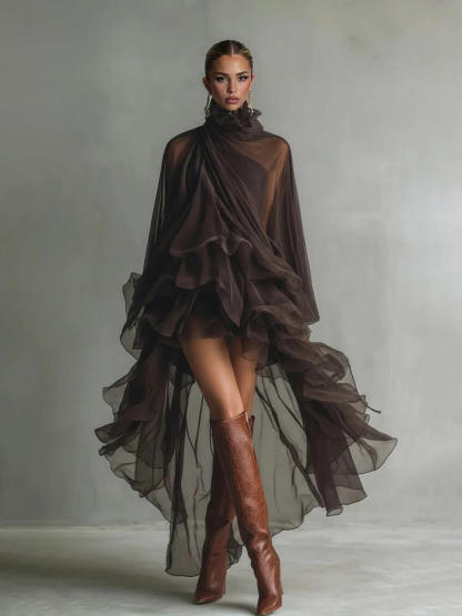 Elegant Ruffled Chiffon High-Neck Loose Midi Dress