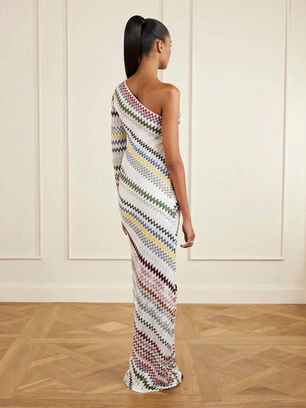 Geometric Zigzag Print One-Shoulder Maxi Dress