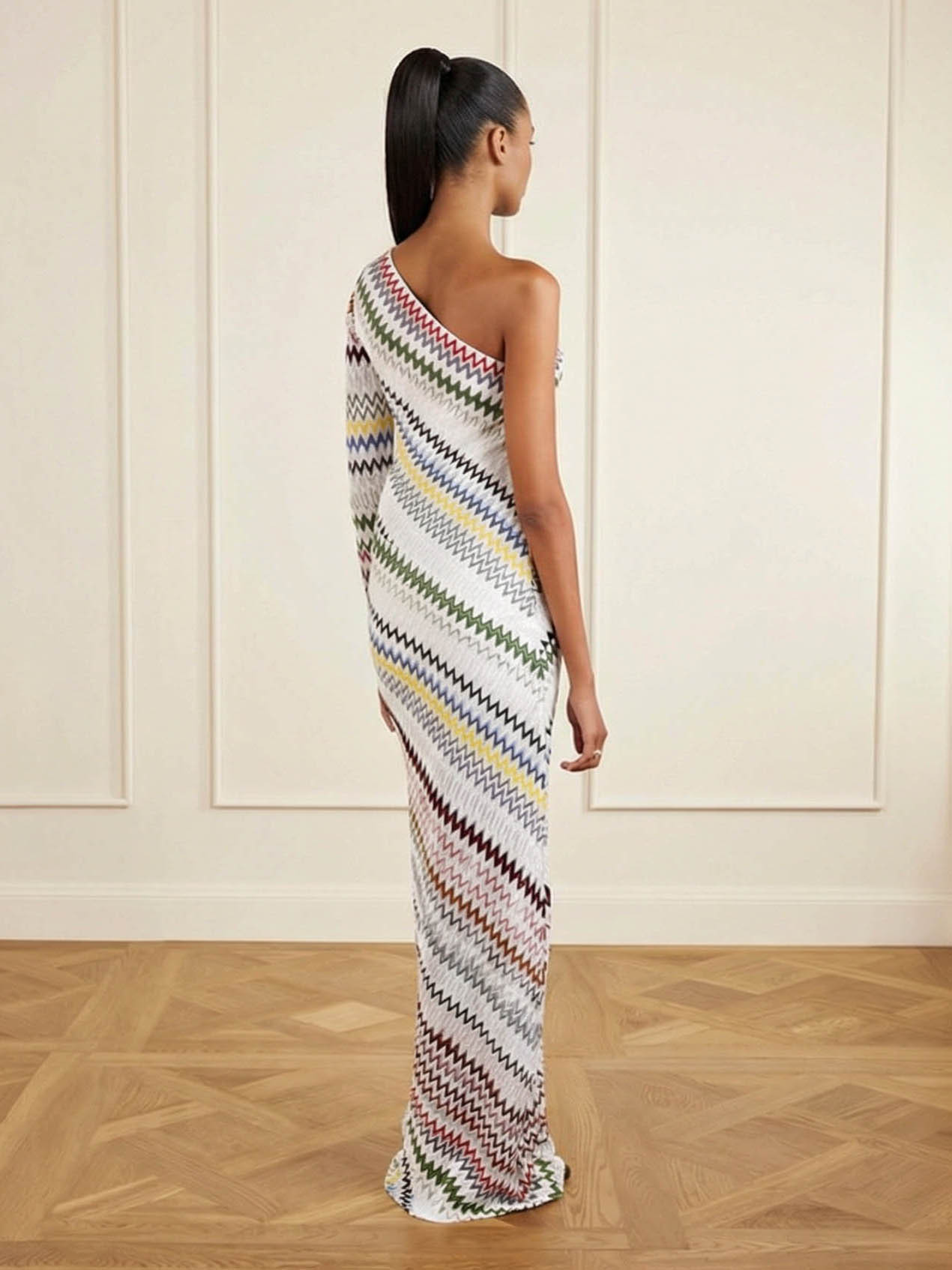 Geometric Zigzag Print One-Shoulder Maxi Dress