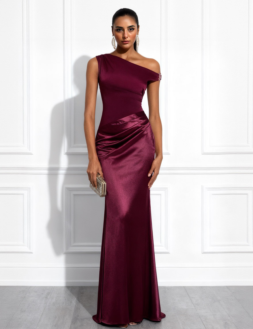 Elegant One-Shoulder Satin Pleated Mermaid Maxi Dress