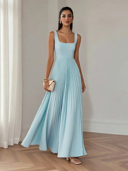 Elegant Square-neck Pleated Maxi Dress