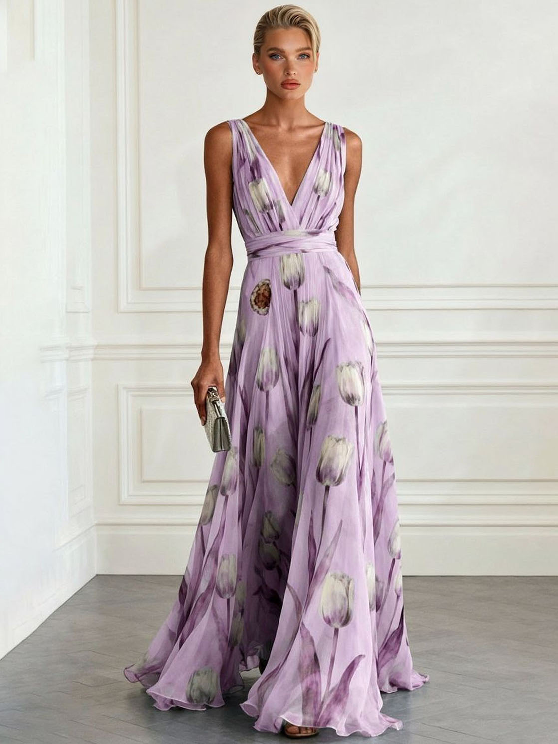 Elegant Tulip Print V-neck Maxi Dress