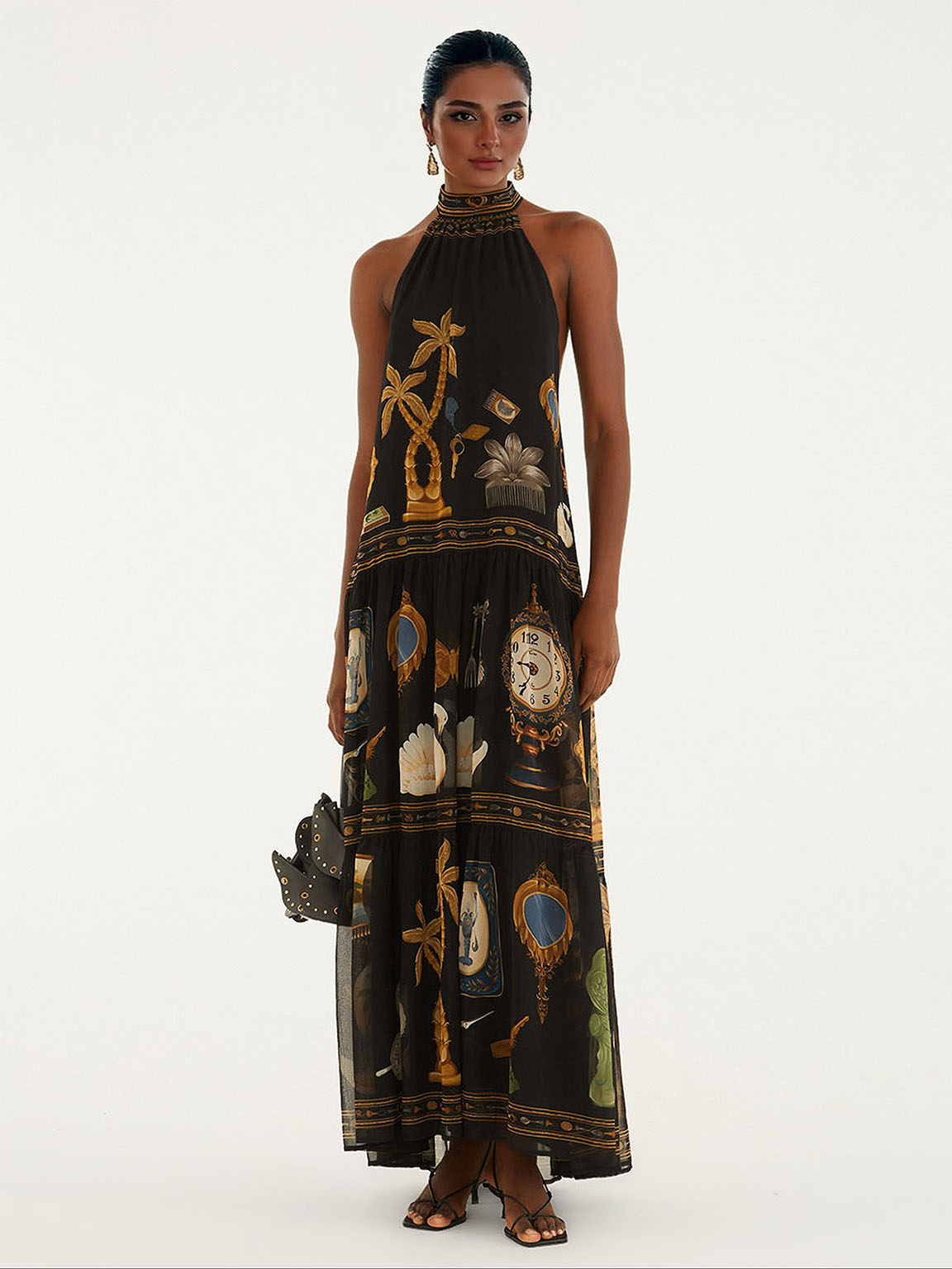 Retro Art Print Backless Layered Maxi Dress